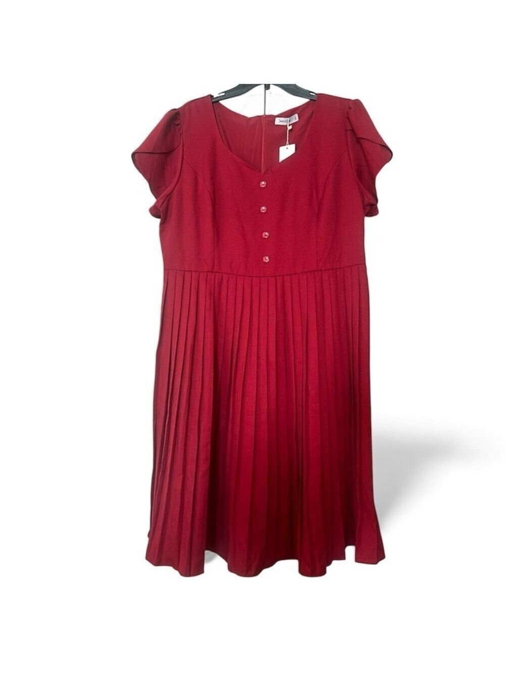 Burgundy Red Pleated Midi Dress Flutter Sleeves Size 2XL - Picture 3 of 11
